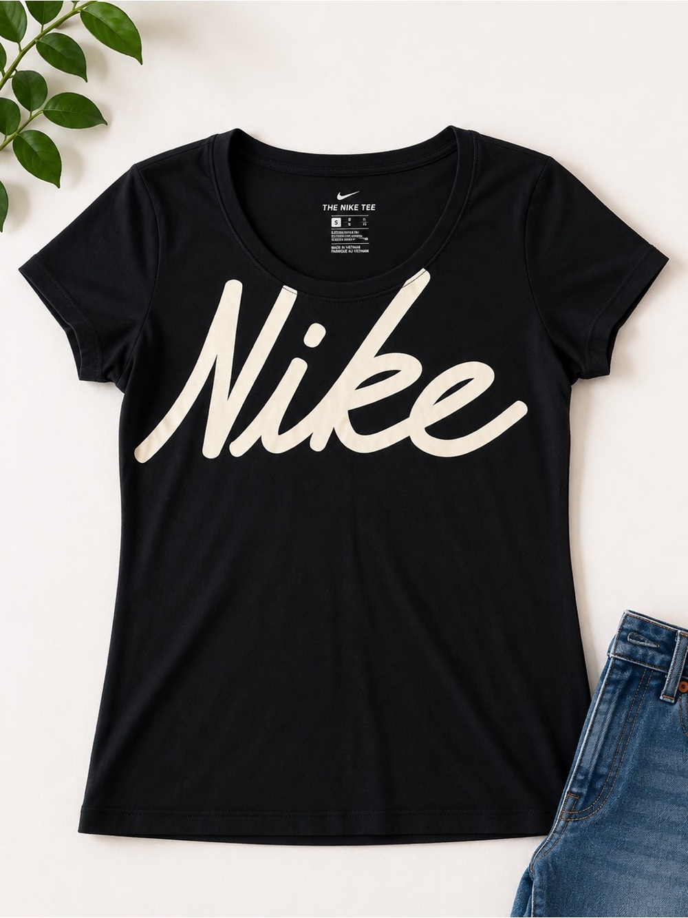 Nike Women's Black Tee with Cream Script Logo